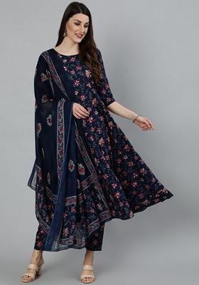 Blue Floral Print Pure Cotton Kurta Set