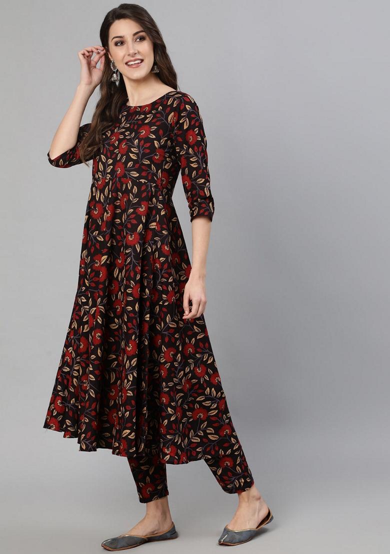 Black Floral Print Pure Cotton Kurta Set - Indya