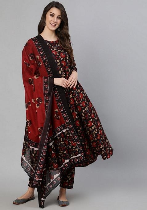 Black Floral Print Pure Cotton Kurta Set