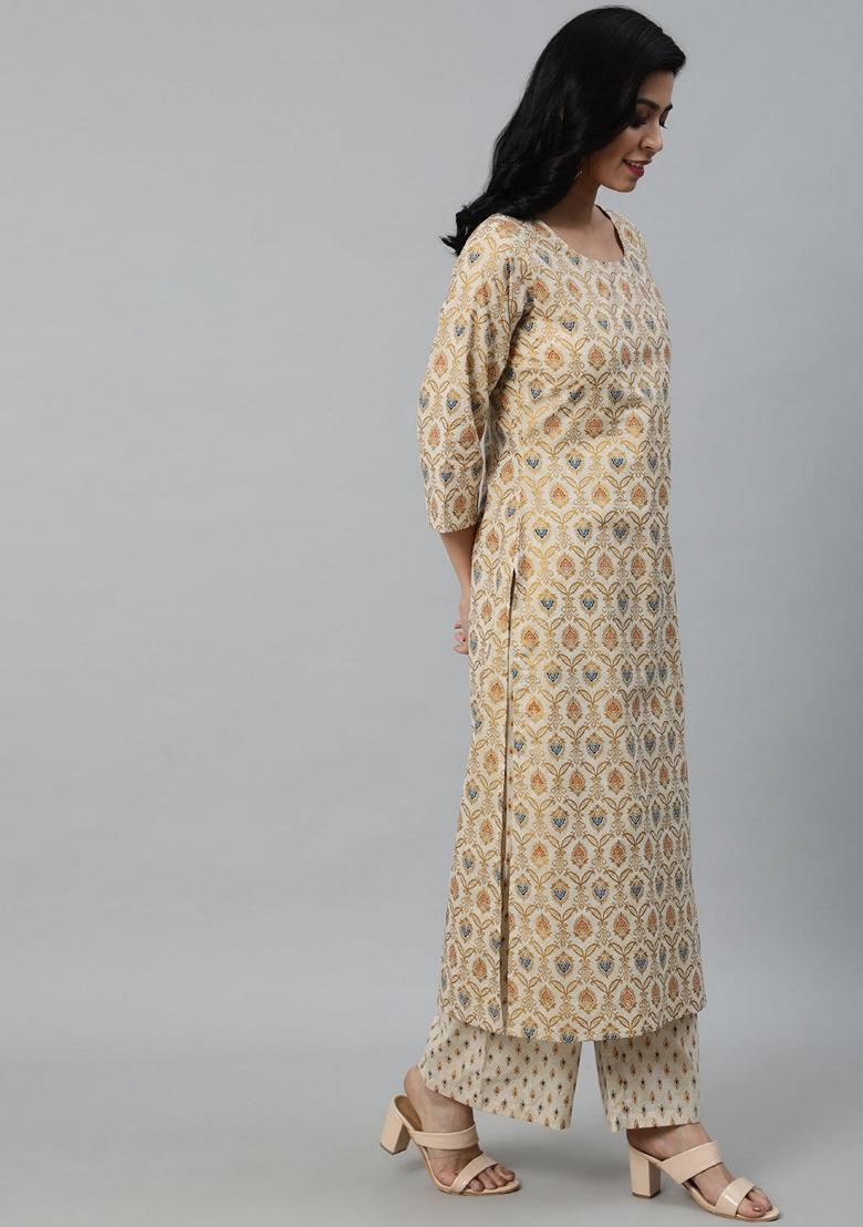 Cream Printed Pure Cotton Palazzo Set - Indya