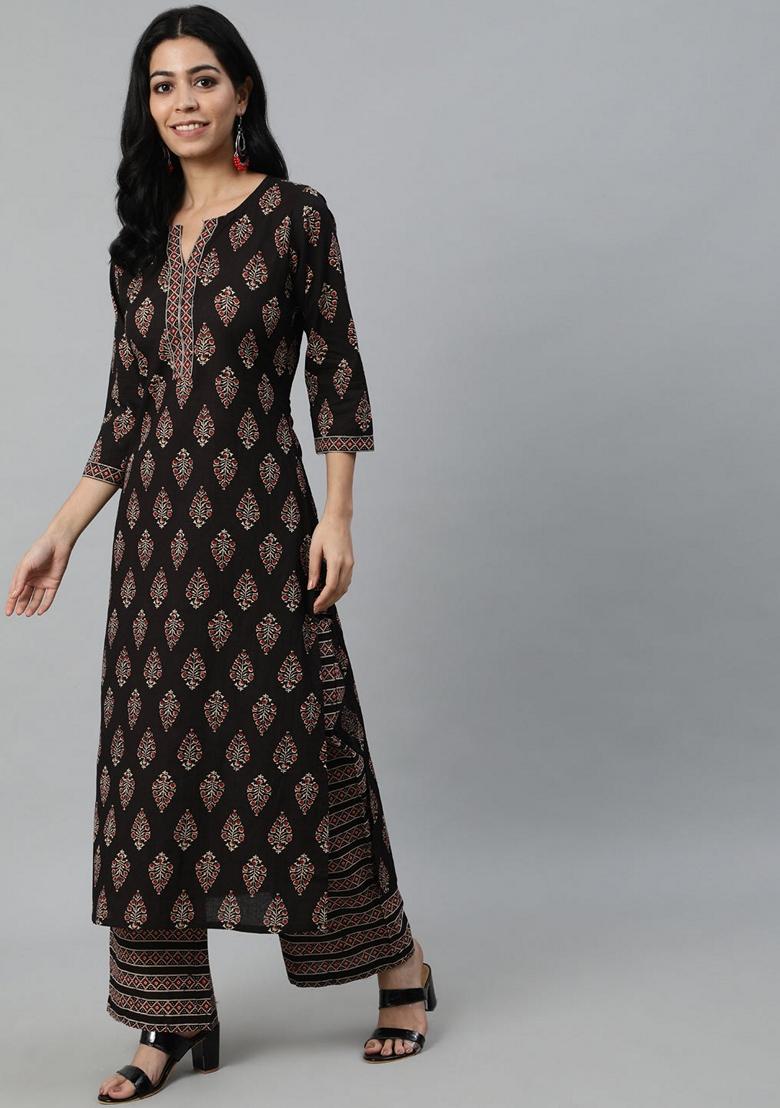 Black Printed Pure Cotton Palazzo Set - Indya