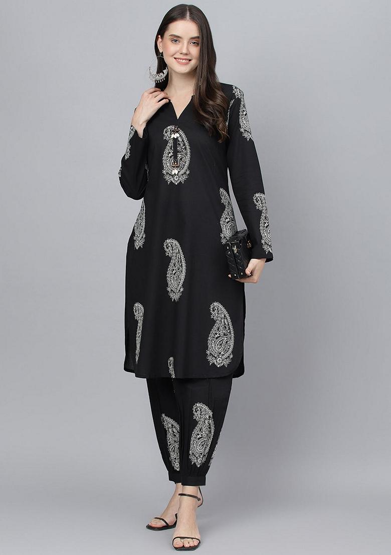 Black Printed Pure Cotton Kurta Set