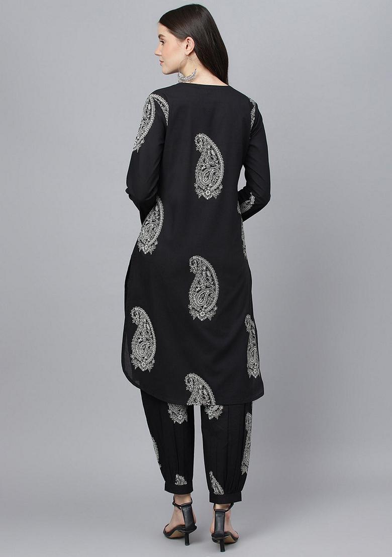Black Printed Pure Cotton Kurta Set