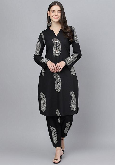 Black Printed Pure Cotton Kurta Set