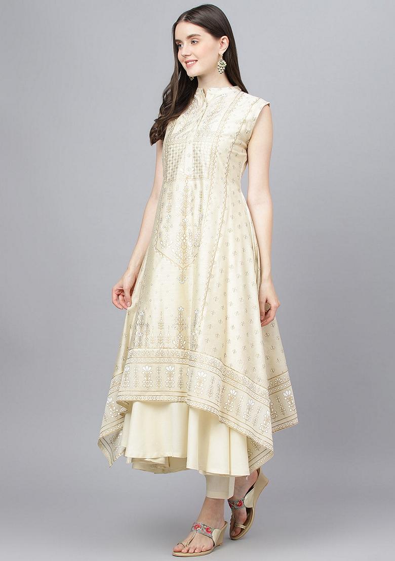 Cream Printed Chanderi Silk Kurta Set - Indya