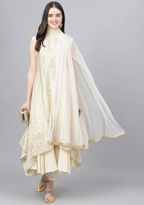 Cream Printed Chanderi Silk Kurta Set