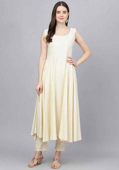 Cream Printed Chanderi Silk Kurta Set