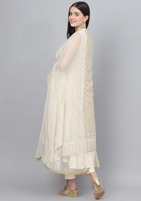Cream Printed Chanderi Silk Kurta Set