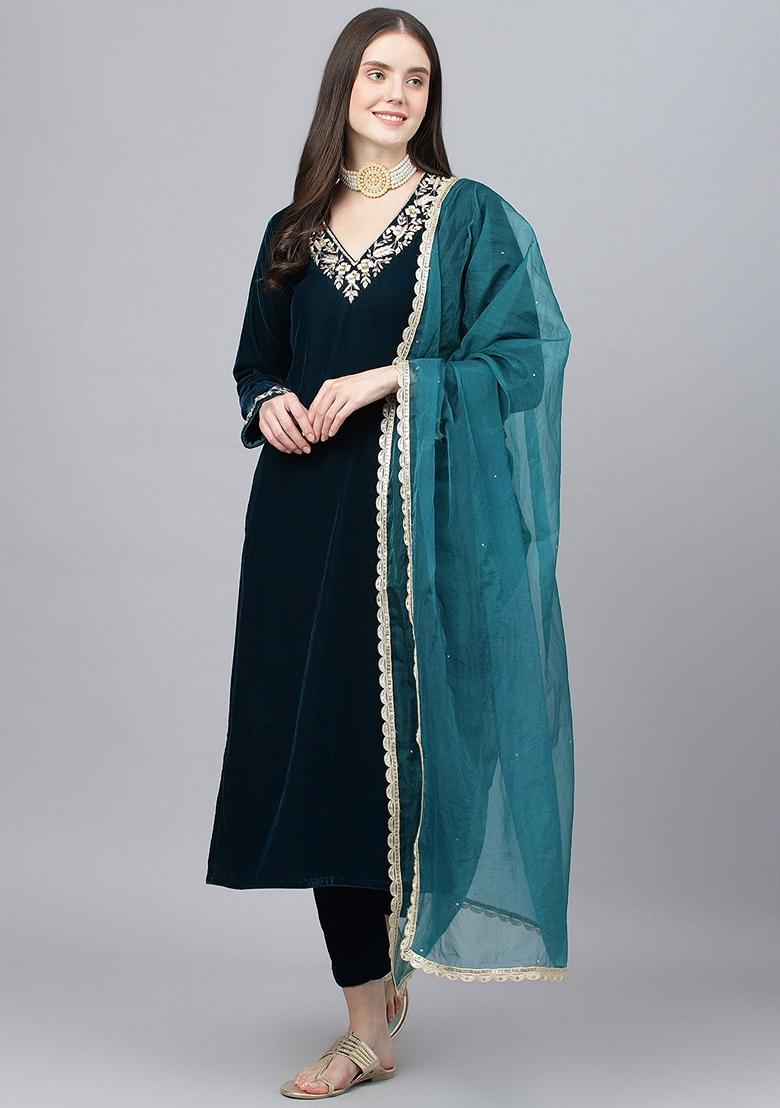 Teal Blue Printed Velvet Kurta Set