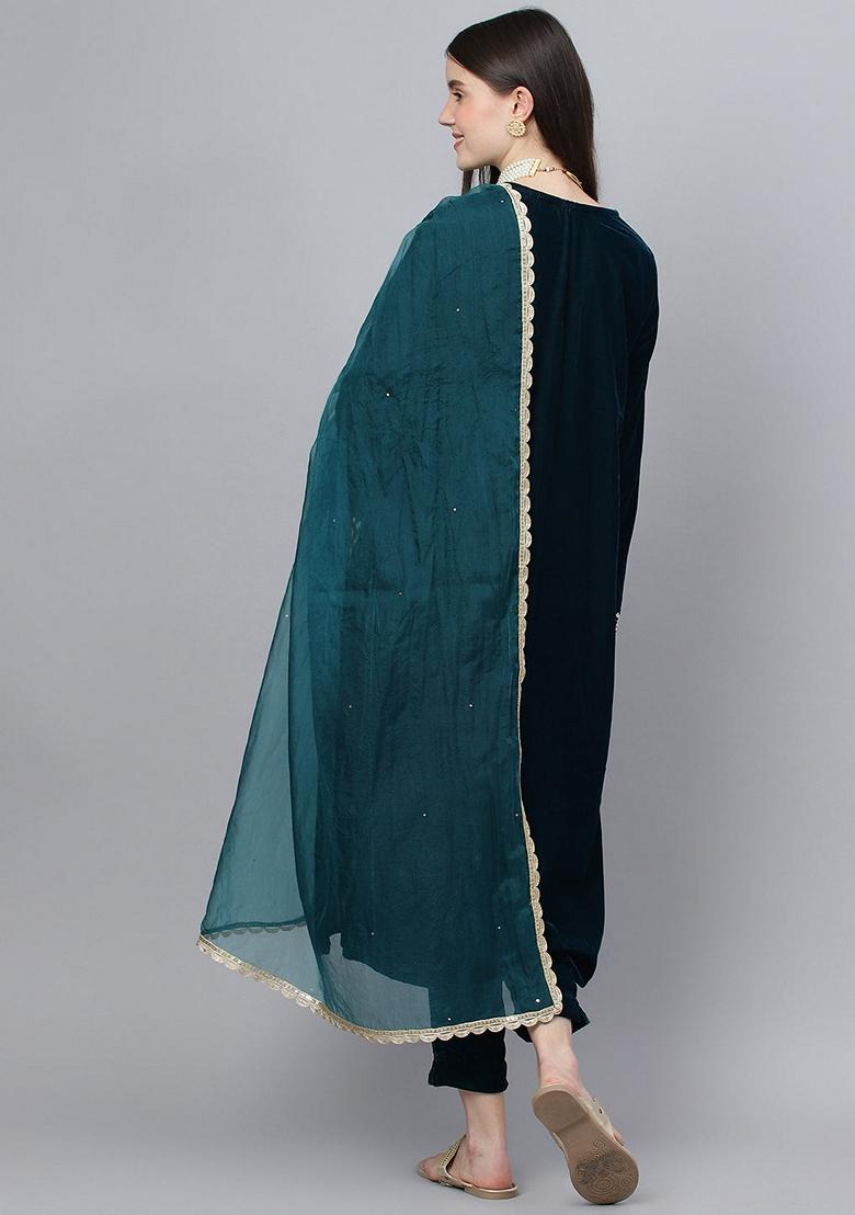Teal Blue Printed Velvet Kurta Set