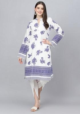 Blue Floral Print Pure Cotton Kurta Set
