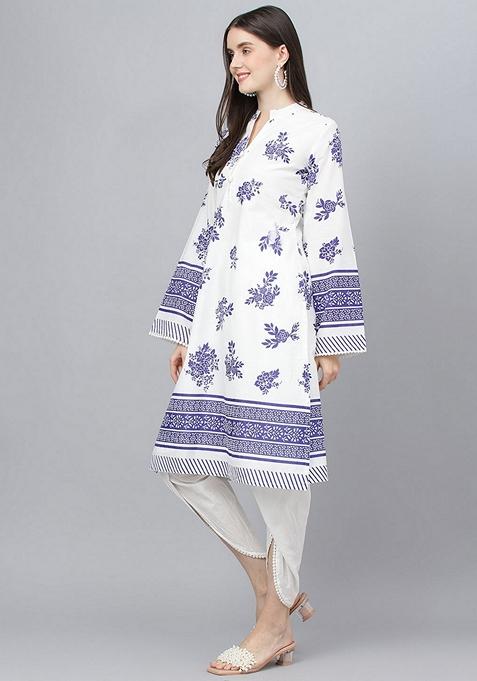 Beautiful Blue Floral Short Cotton Kurta with Pant Set main image 1