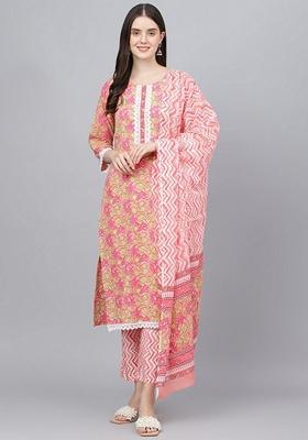 Peach Floral Print Pure Cotton Kurta Set