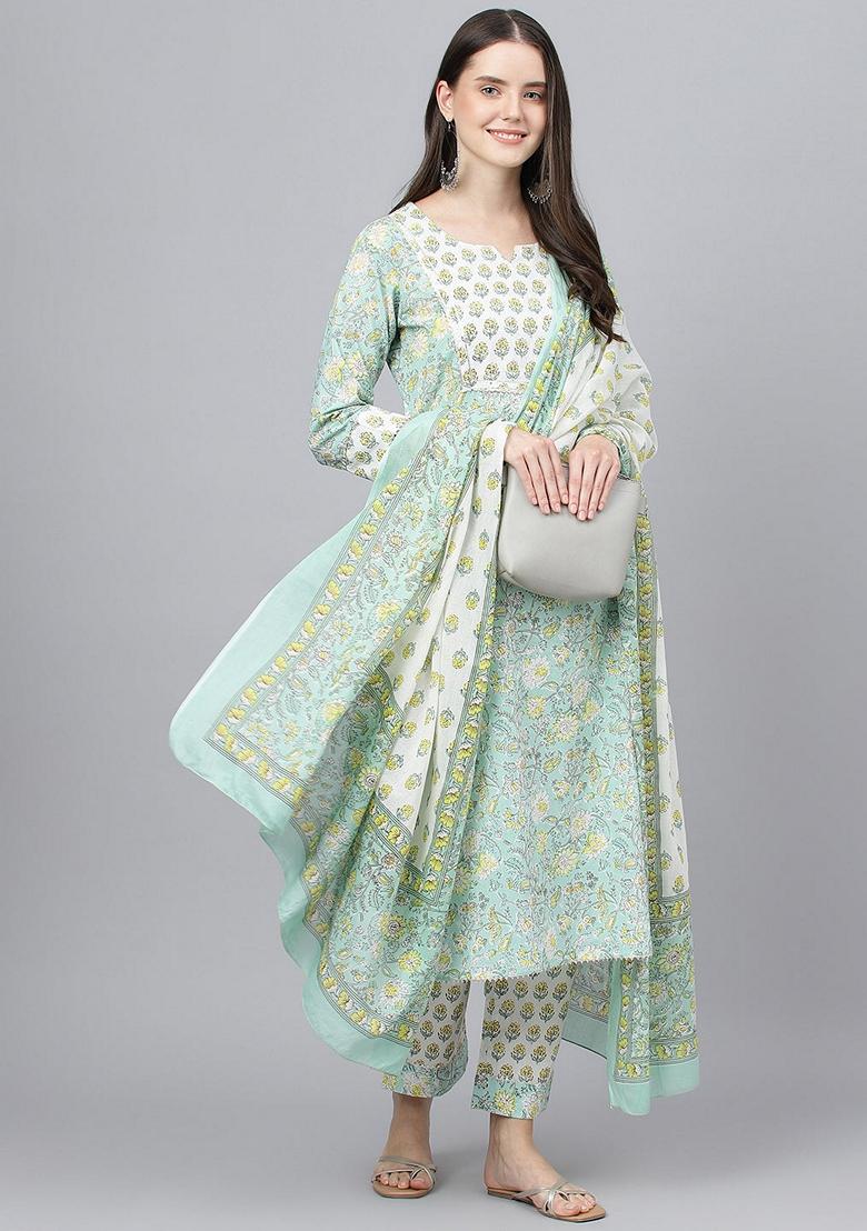 Mint Green Floral Print Pure Cotton Kurta Set