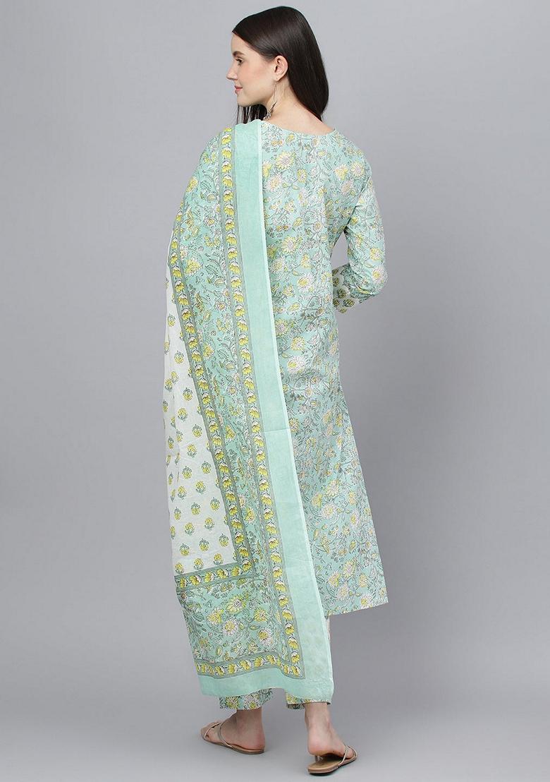Mint Green Floral Print Pure Cotton Kurta Set