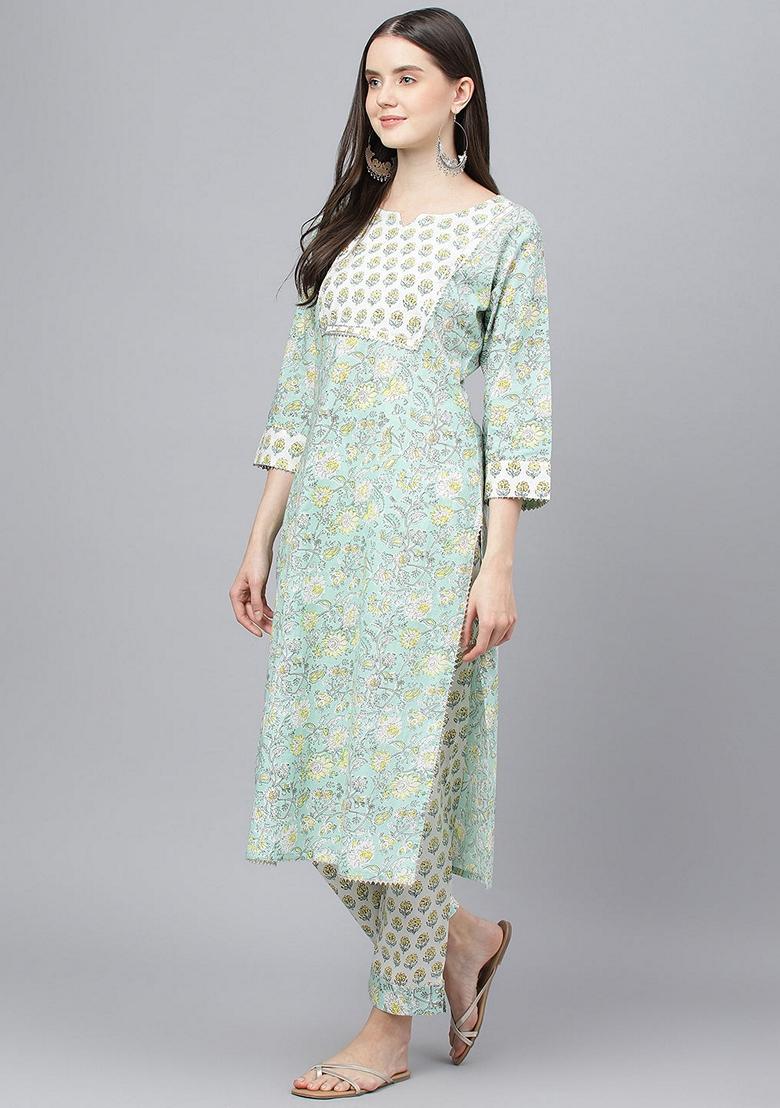 Mint Green Floral Print Pure Cotton Kurta Set - Indya