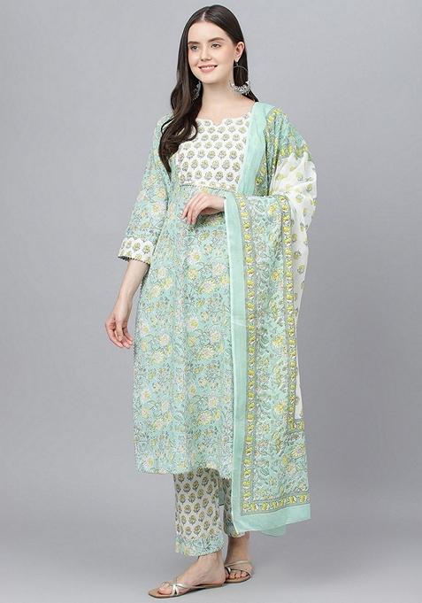 Mint Green Floral Print Pure Cotton Kurta Set