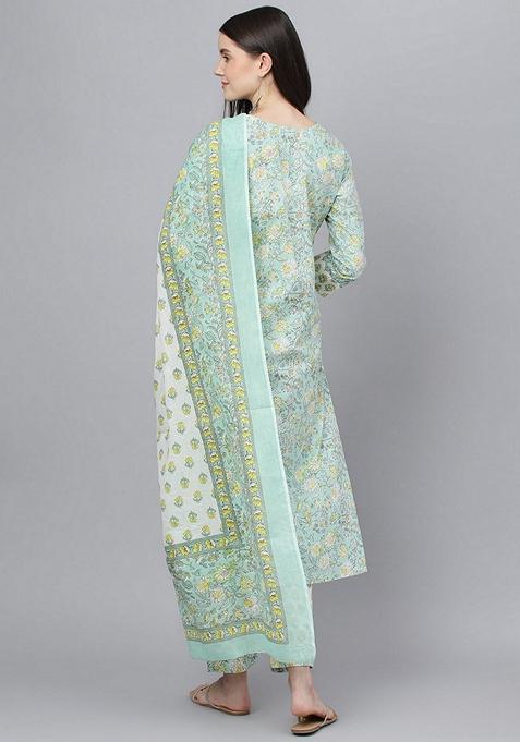 Mint Green Floral Print Pure Cotton Kurta Set