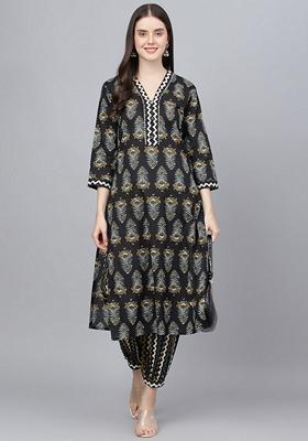 Black Printed Pure Cotton Kurta Set