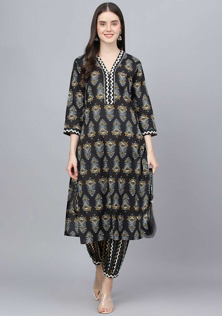 Black Printed Pure Cotton Kurta Set - Indya