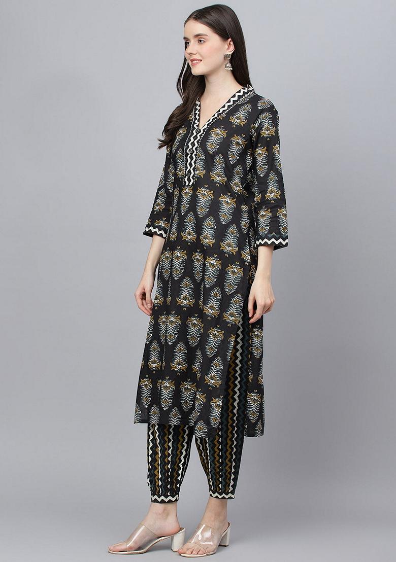 Black Printed Pure Cotton Kurta Set - Indya