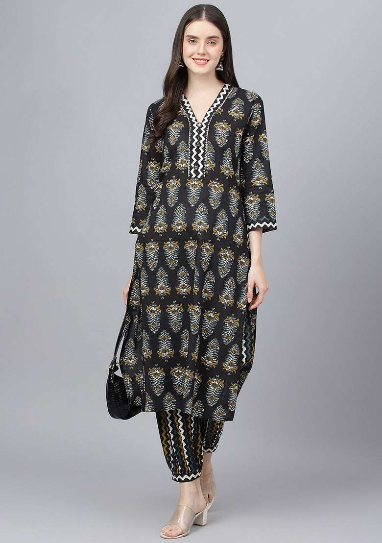 Black Printed Pure Cotton Kurta Set - Indya
