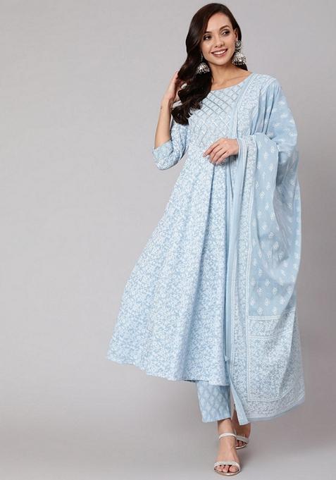 Blue Floral Print Pure Cotton Kurta Set