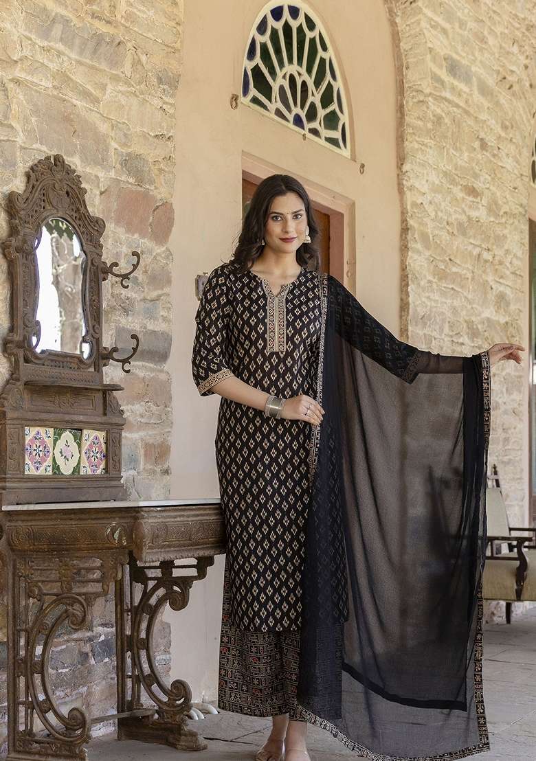 Black Printed Cotton Straight Kurta Set - Indya