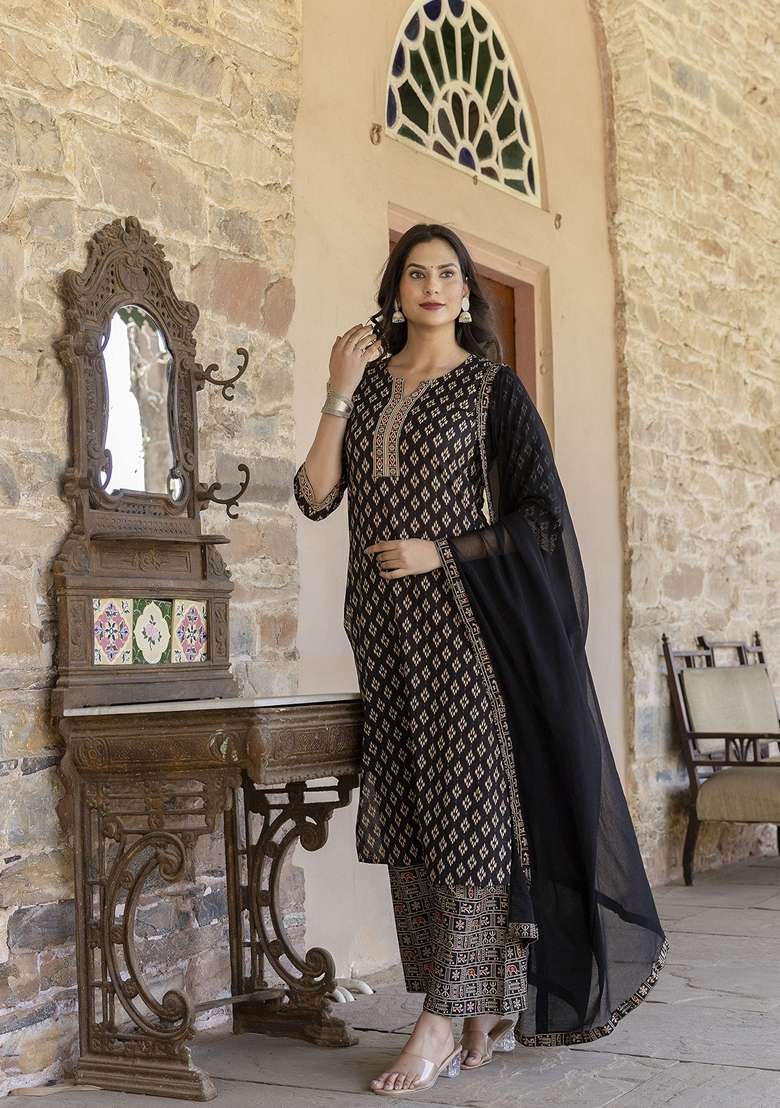 Black Printed Cotton Straight Kurta Set - Indya