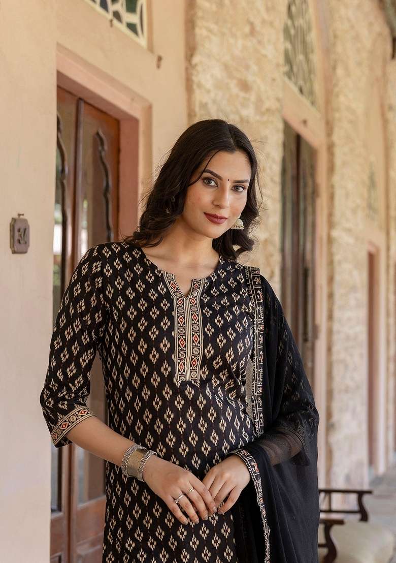 Black Printed Cotton Straight Kurta Set - Indya