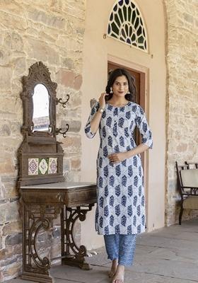 Blue Printed Pure Cotton Kurta Set