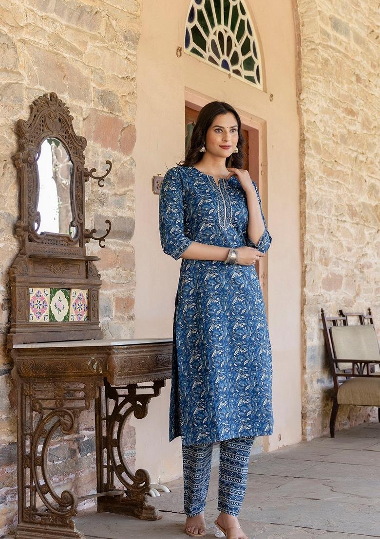 Blue Printed Pure Cotton Kurta Set - Indya