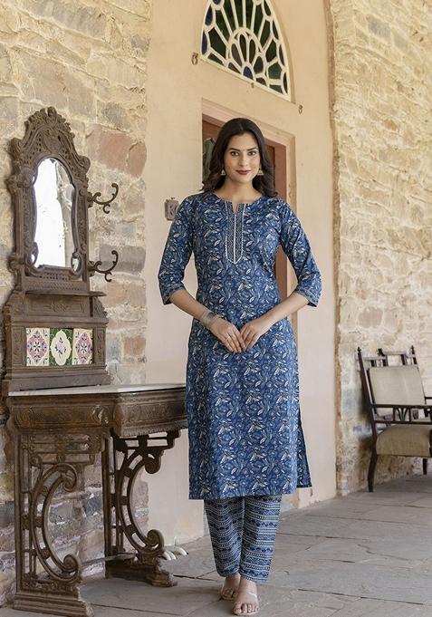 Blue Printed Pure Cotton Kurta Set