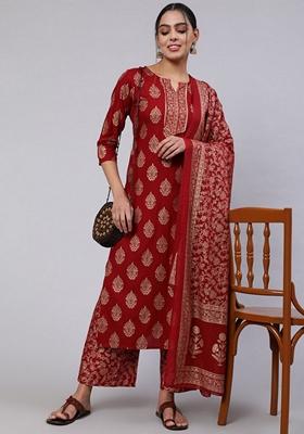 Maroon Printed Pure Cotton Palazzo Set