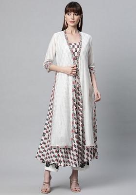 White Floral Print Cotton Kurta Set