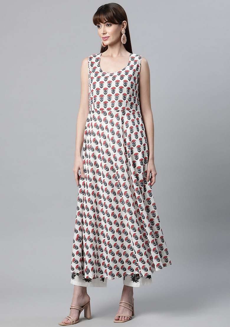 White Printed Cotton Co Ord Set - Indya