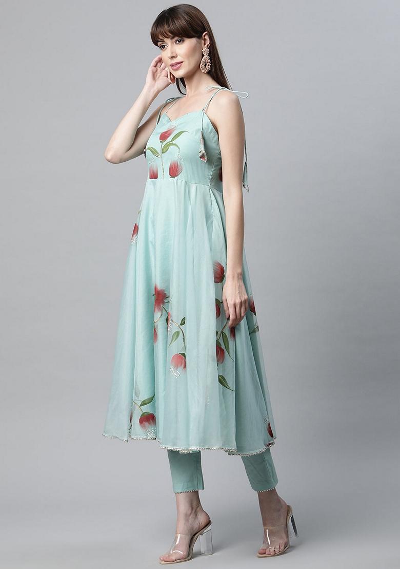 Blue Floral Print Organza Anarkali Set - Indya