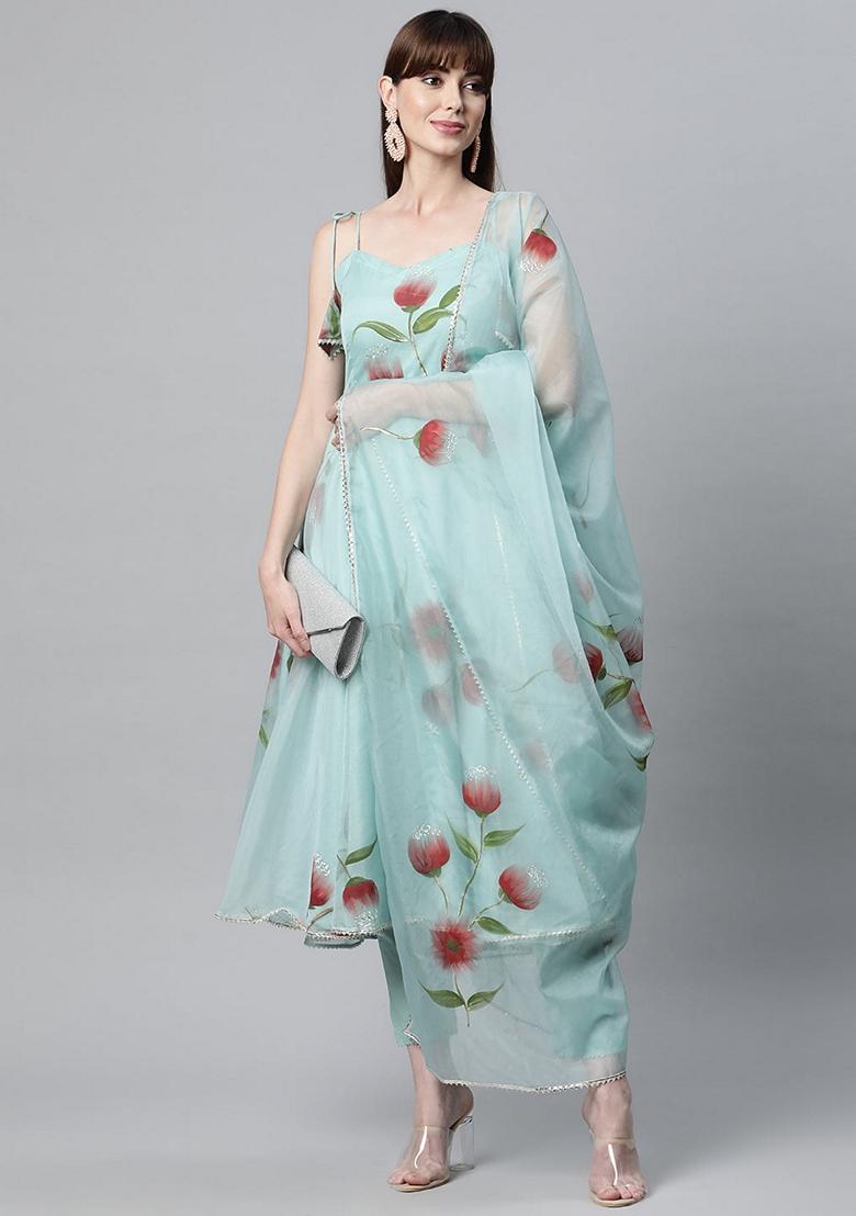 Blue Floral Print Organza Anarkali Set - Indya