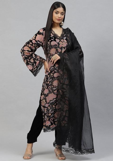 Black Printed Velvet Kurta Set