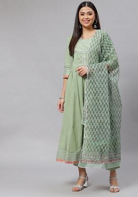 Green Solid Cotton Anarkali Set