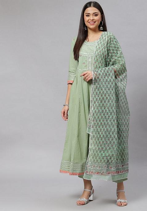 Green Solid Cotton Anarkali Set