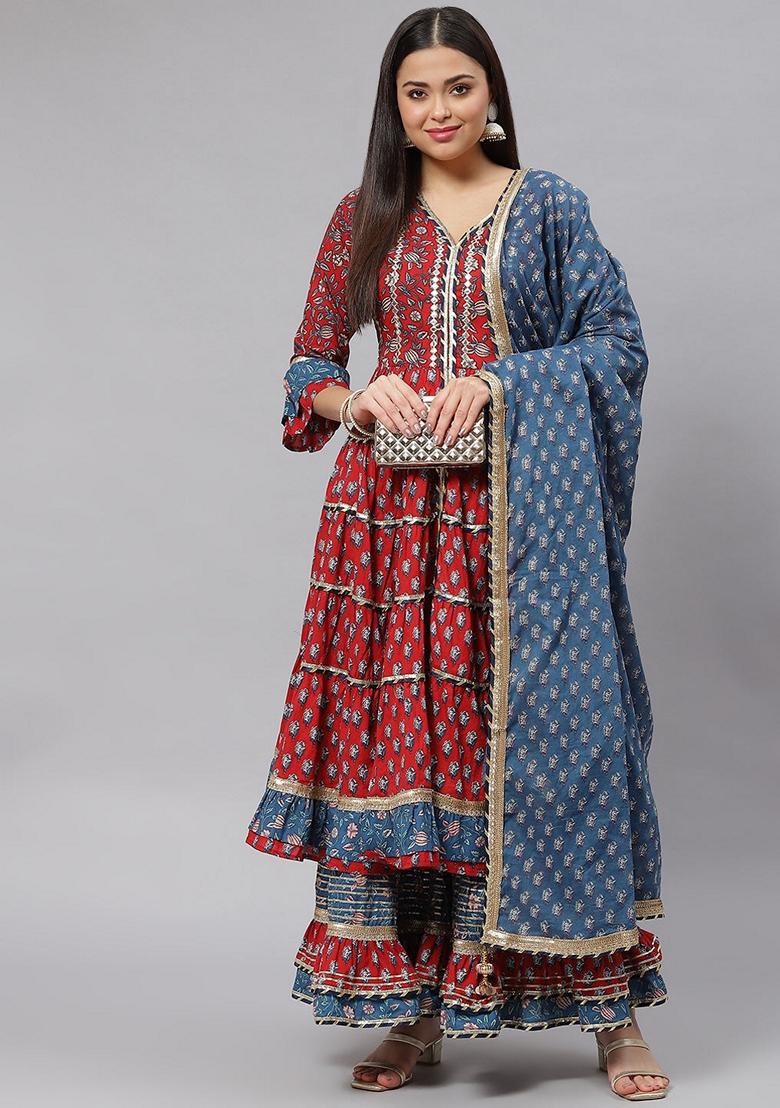 Maroon Printed Cotton Sharara Set - Indya