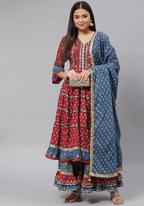 Maroon Printed Cotton Sharara Set