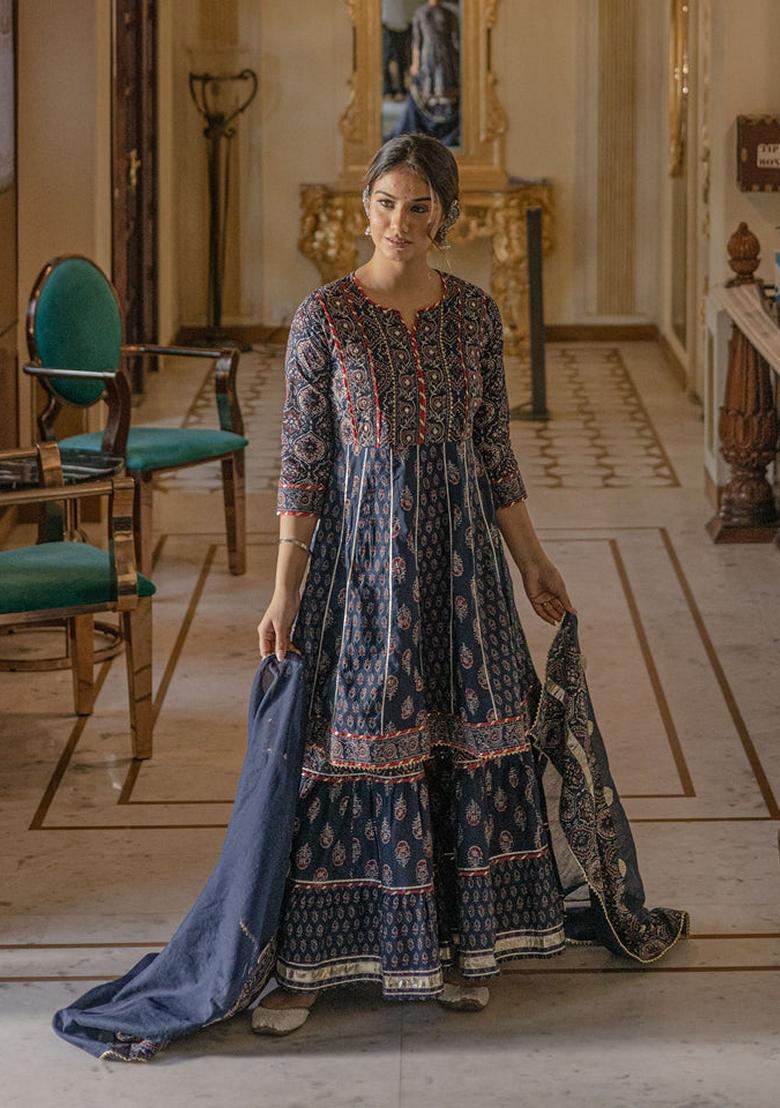 Blue Printed Cotton Sharara Set