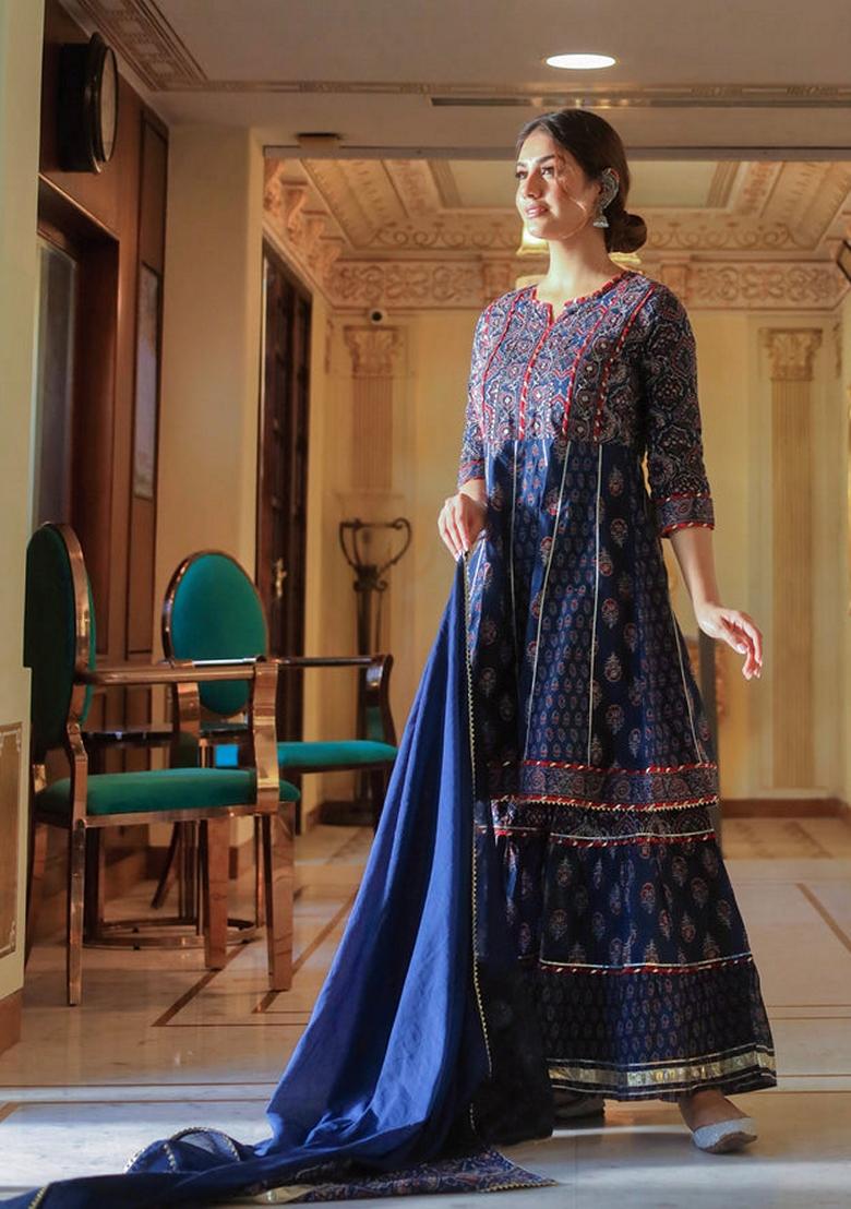 Blue Printed Cotton Sharara Set