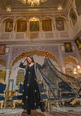 Black Printed Velvet Kurta Set