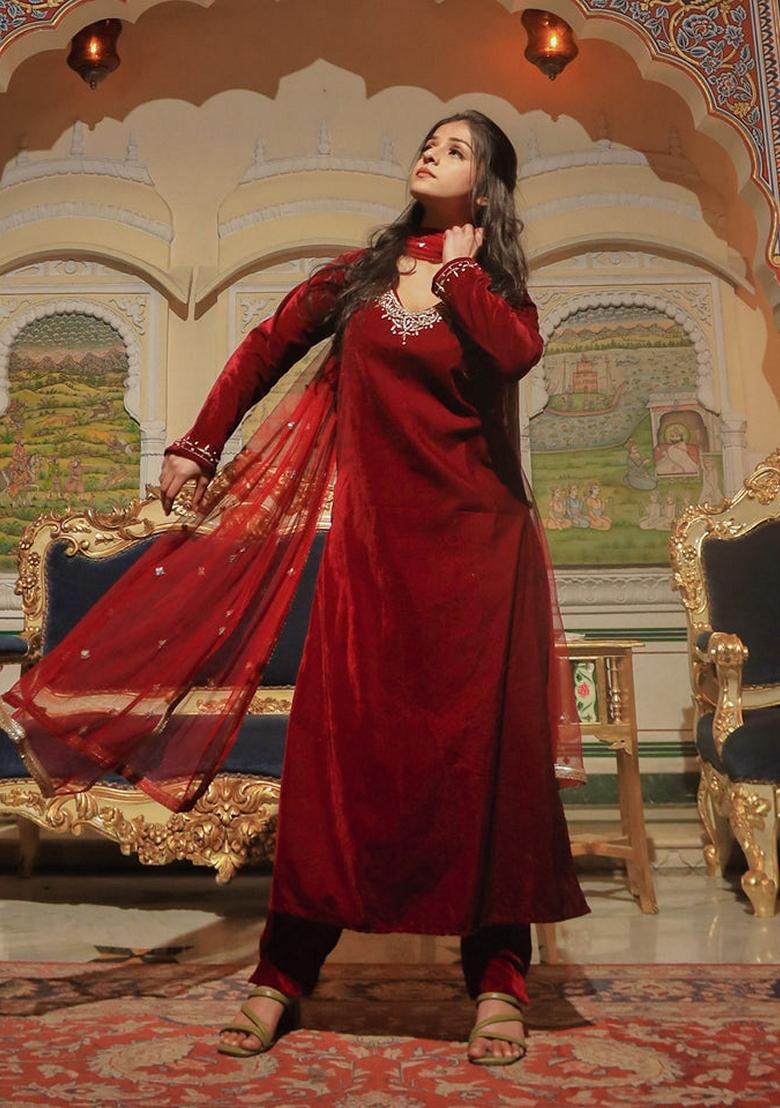 Maroon Printed Velvet Kurta Set