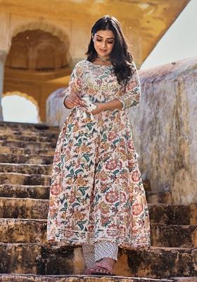 Cream Printed Cotton Anarkali Set