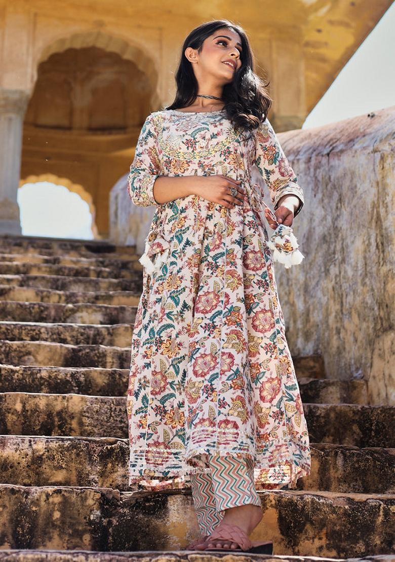 Cream Printed Cotton Anarkali Set - Indya