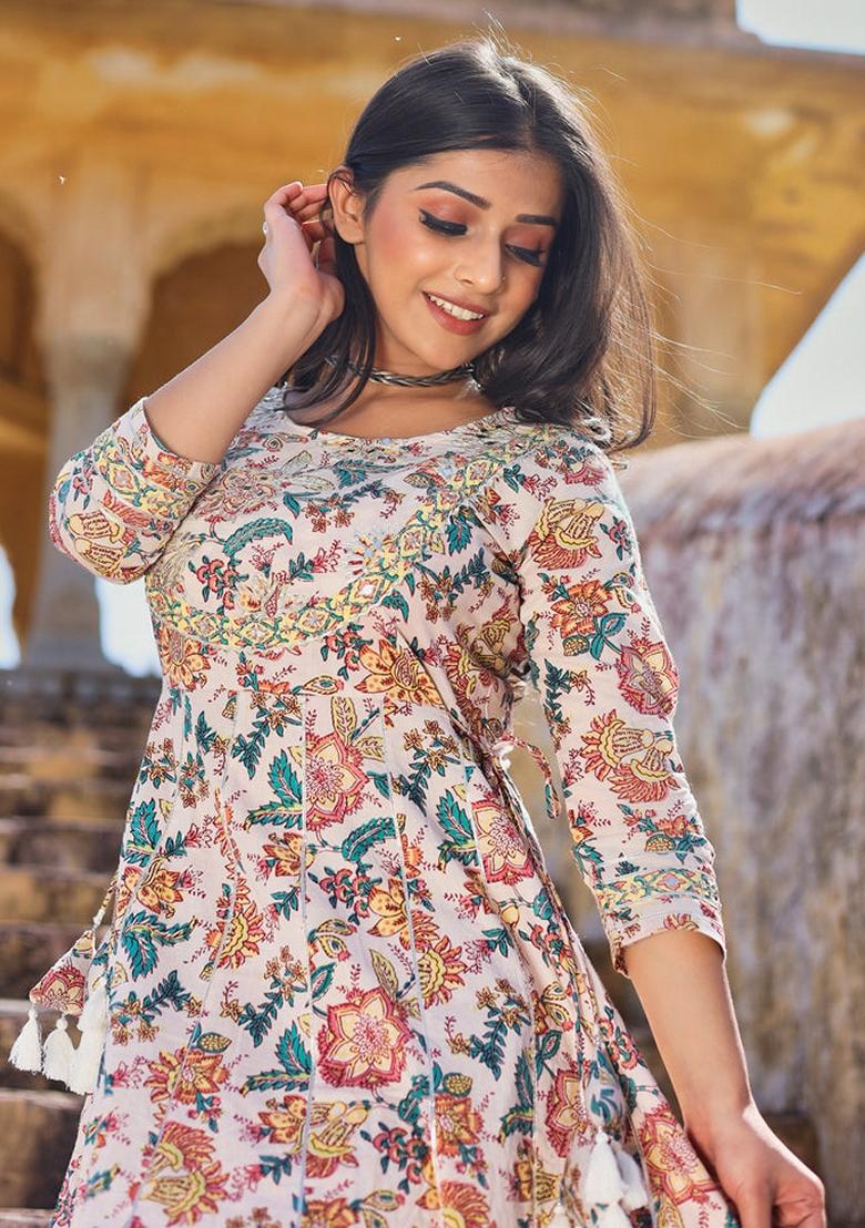 Cream Printed Cotton Anarkali Set - Indya